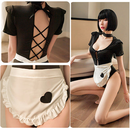 Black Snap Crotch Bodysuit and Maid Apron 2-Piece Costume Set Blesssafe