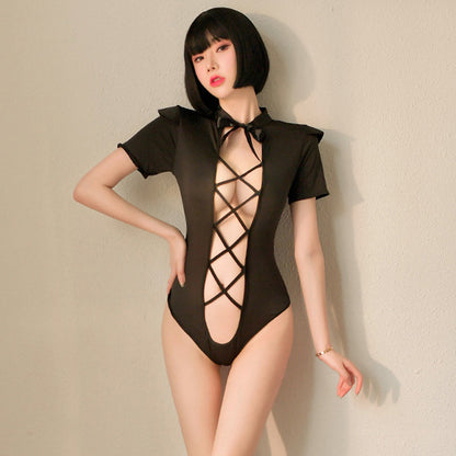 Black Snap Crotch Bodysuit and Maid Apron 2-Piece Costume Set Blesssafe