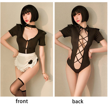 Black Snap Crotch Bodysuit and Maid Apron 2-Piece Costume Set Blesssafe