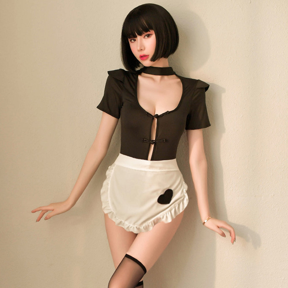 Black Snap Crotch Bodysuit and Maid Apron 2-Piece Costume Set Blesssafe