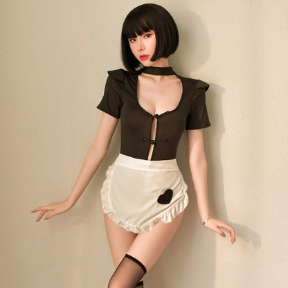 Black Snap Crotch Bodysuit and Maid Apron 2-Piece Costume Set Blesssafe
