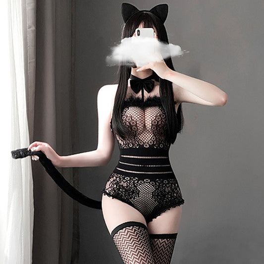 Neko Girl Anime Cat Cosplay Black Fishnet Teddy Bodysuit blesssafe