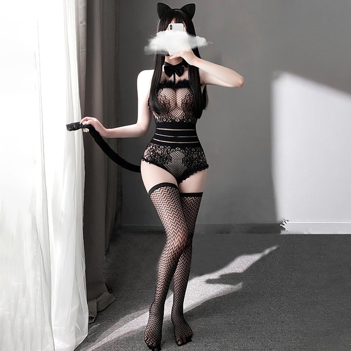 Neko Girl Anime Cat Cosplay Black Fishnet Teddy Bodysuit blesssafe