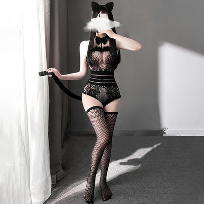 Neko Girl Anime Cat Cosplay Black Fishnet Teddy Bodysuit blesssafe