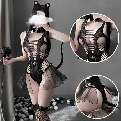 Neko Girl Cute Cat Cosplay Black Hollow Out Teddy Bodysuit blesssafe