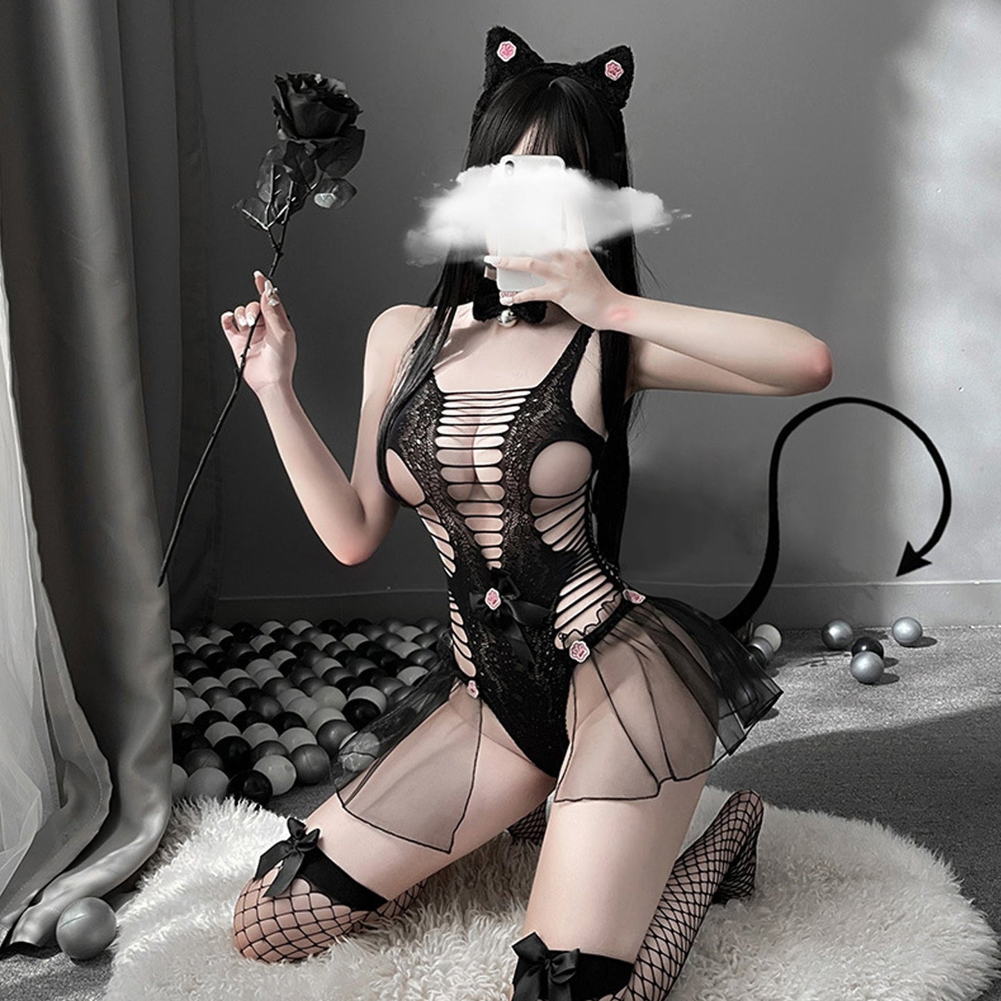 Neko Girl Cute Cat Cosplay Black Hollow Out Teddy Bodysuit blesssafe