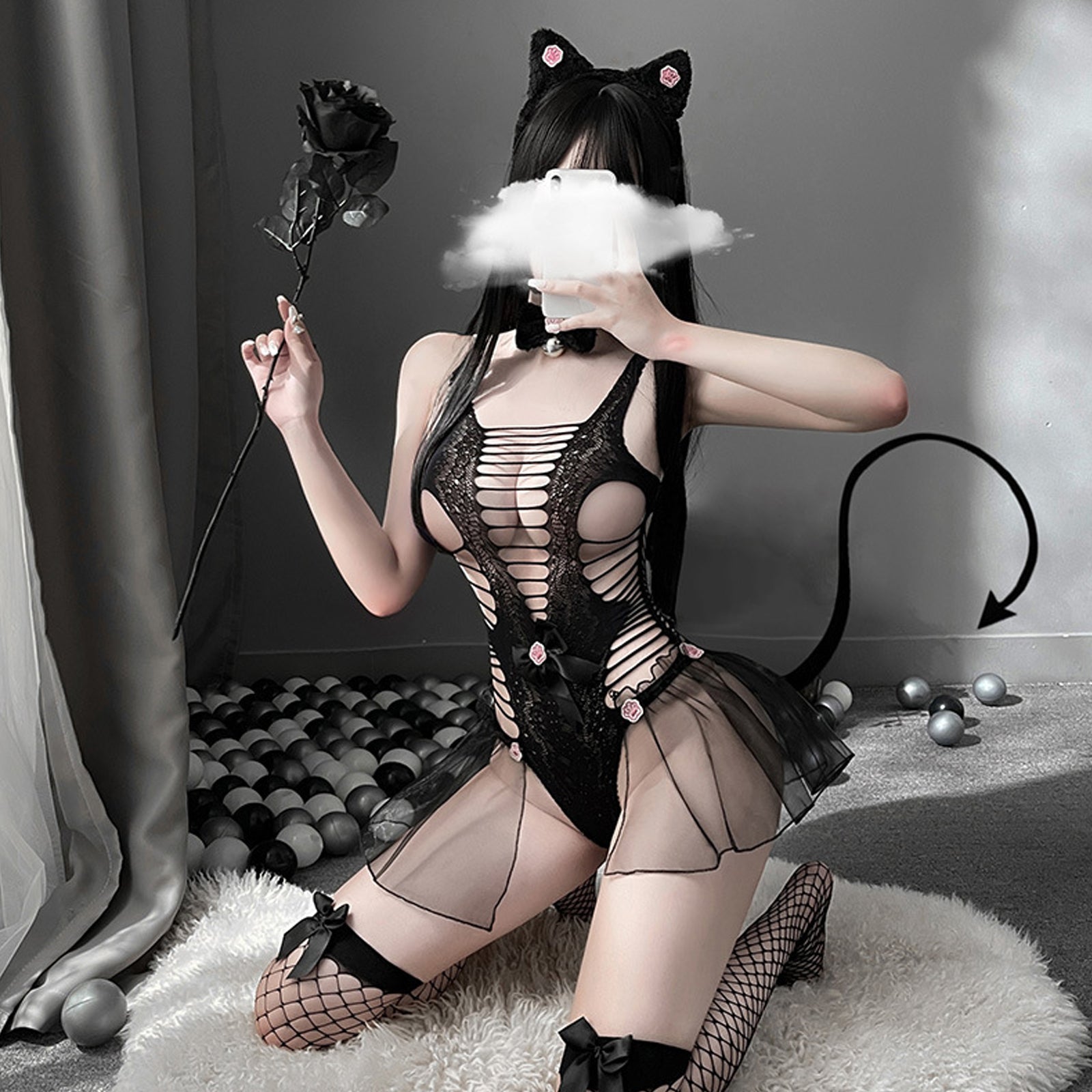 Neko Girl Cute Cat Cosplay Black Hollow Out Teddy Bodysuit blesssafe