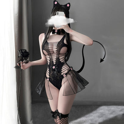 Neko Girl Cute Cat Cosplay Black Hollow Out Teddy Bodysuit blesssafe