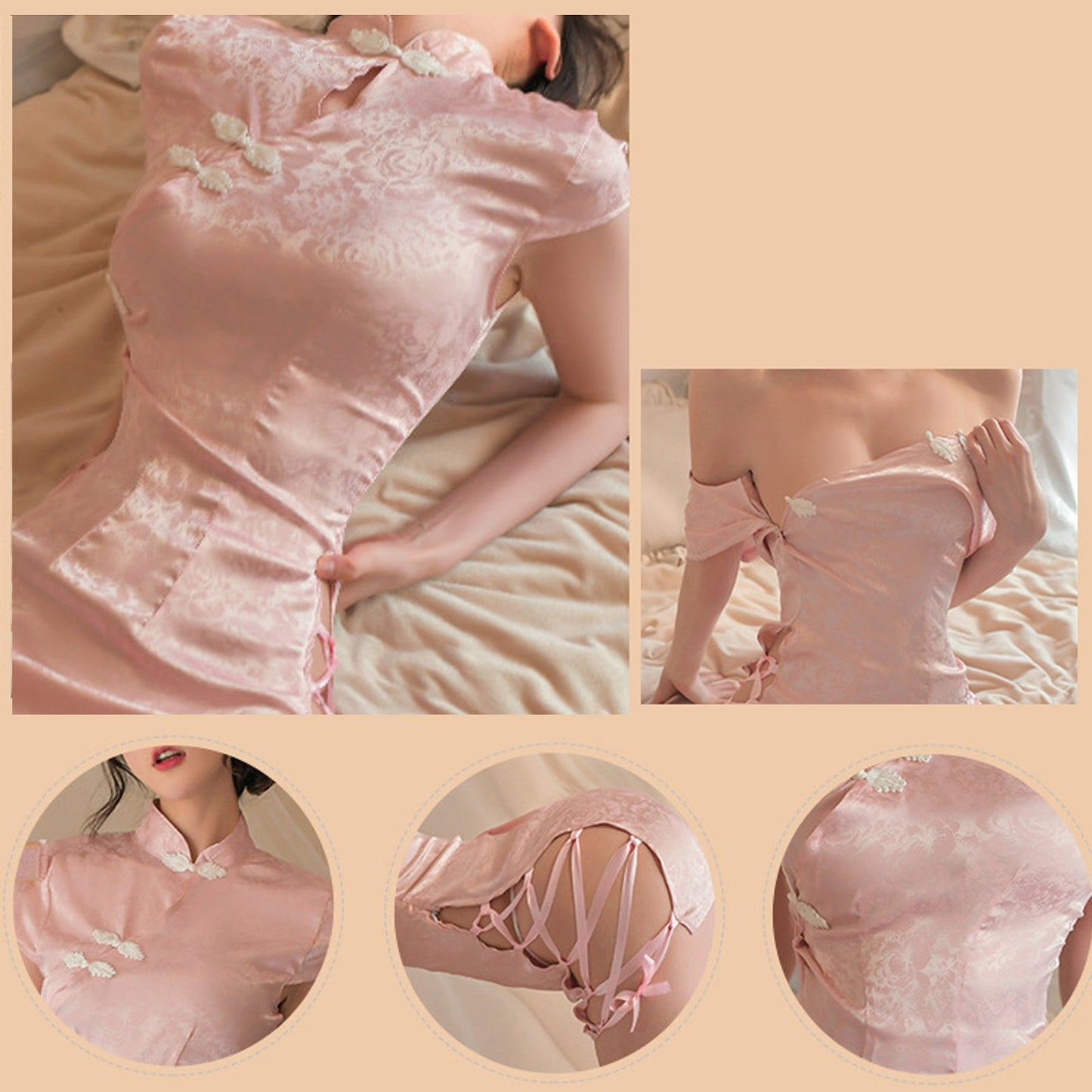 Blesssafe Pink Jacquard Cheongsam Babydoll Dress Side Lace-Up Chinese Qipao Dress Blesssafe