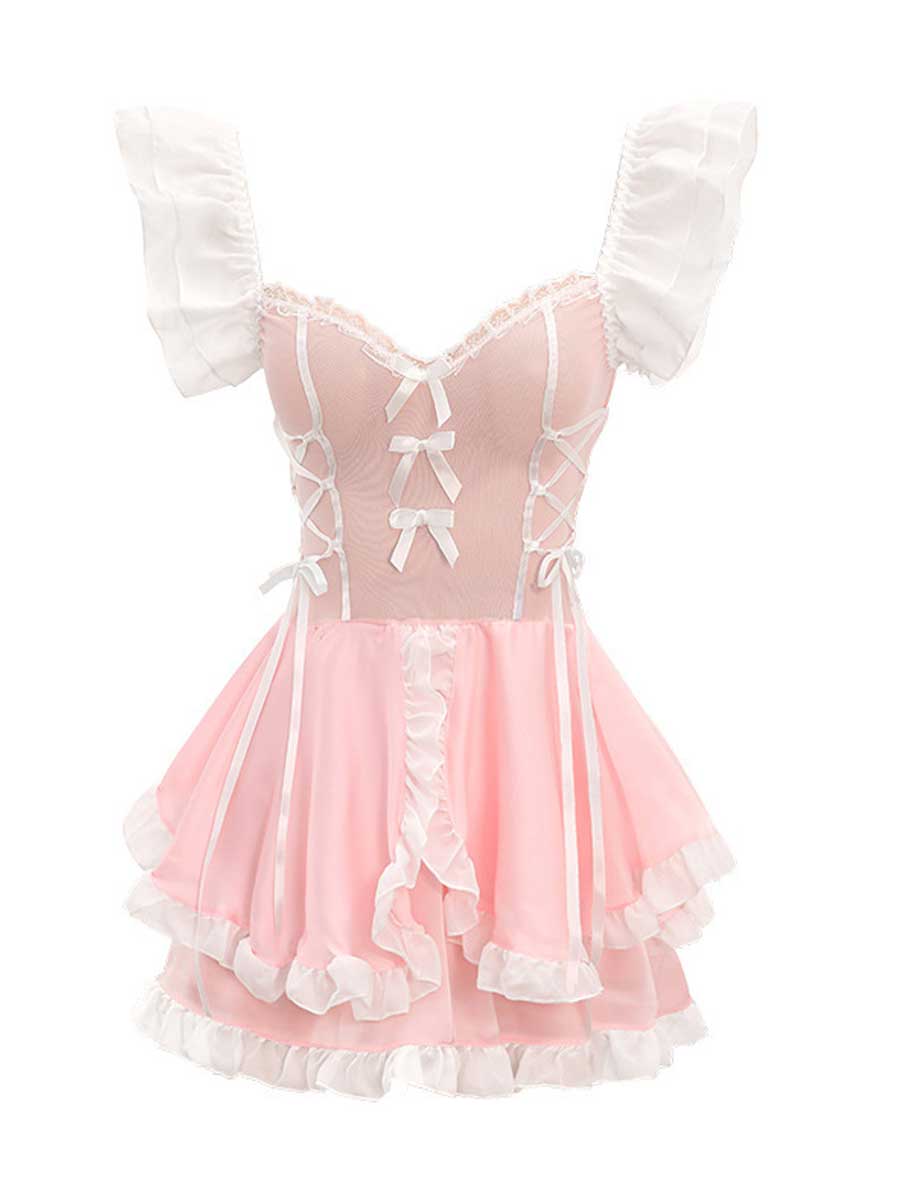 Pink Princess Lolita Maid Ruffled Babydoll Dress Costume Blesssafe