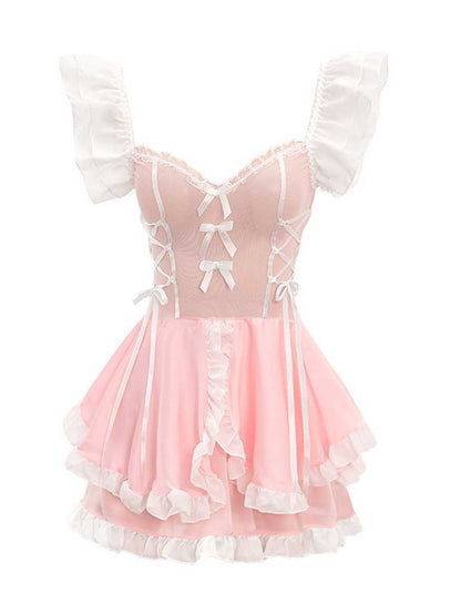 Pink Princess Lolita Maid Ruffled Babydoll Dress Costume Blesssafe