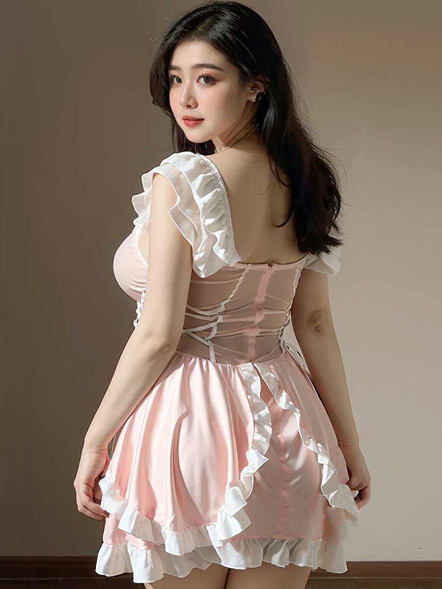 Pink Princess Lolita Maid Ruffled Babydoll Dress Costume Blesssafe
