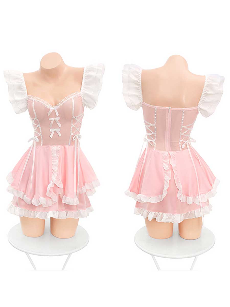 Pink Princess Lolita Maid Ruffled Babydoll Dress Costume Blesssafe