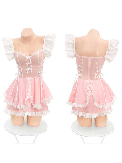 Pink Princess Lolita Maid Ruffled Babydoll Dress Costume Blesssafe