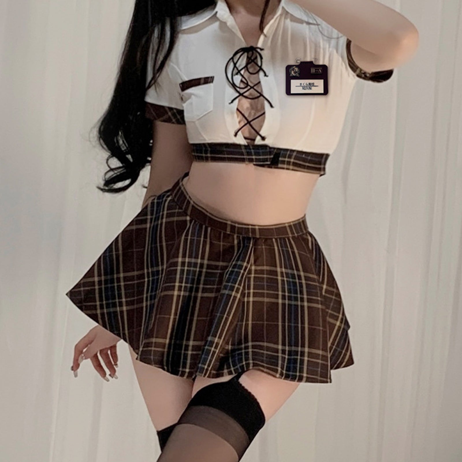 Lace-up Crop top and Browm Plaid Skirt - Two Piece Student Set Blesssafe