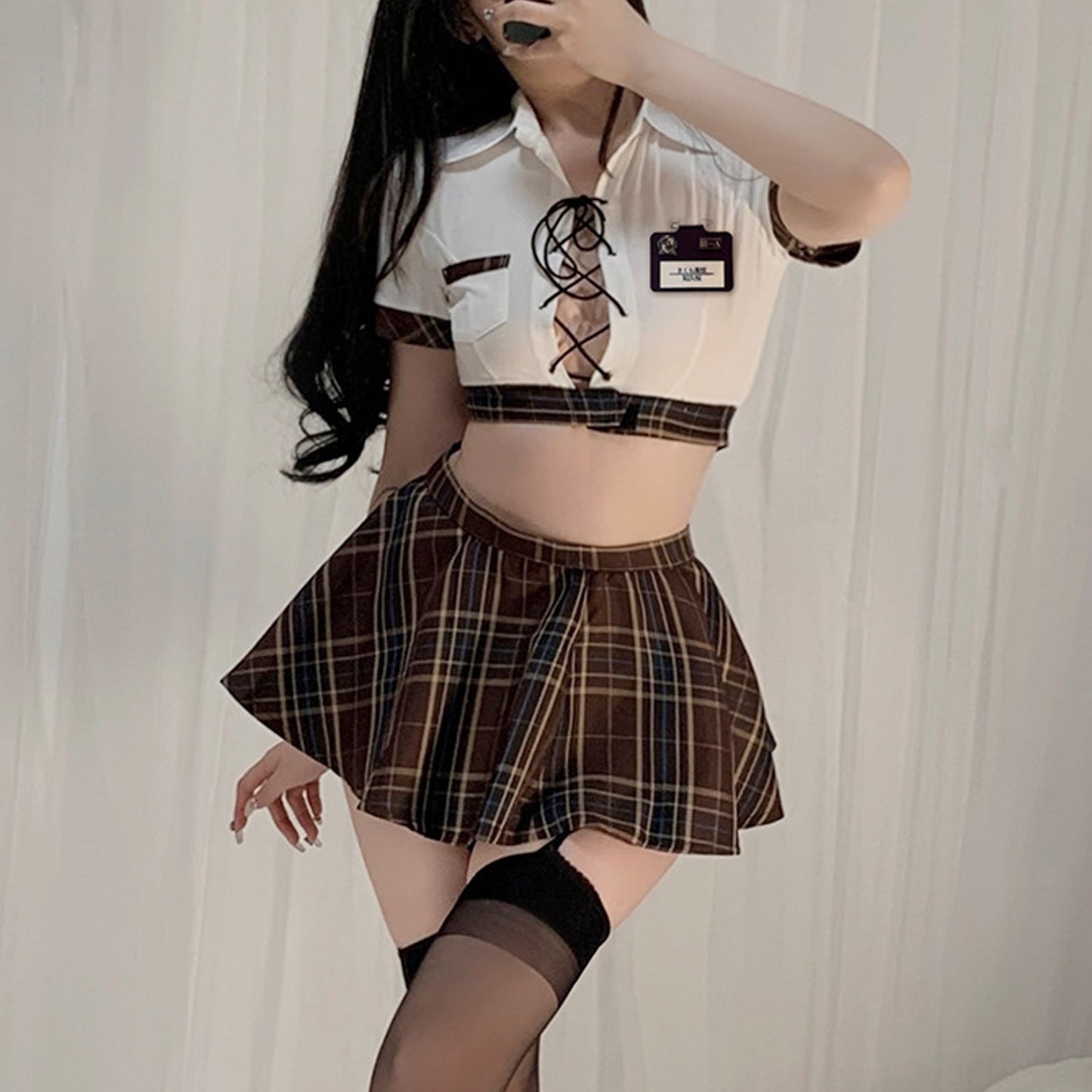 Lace-up Crop top and Browm Plaid Skirt - Two Piece Student Set Blesssafe