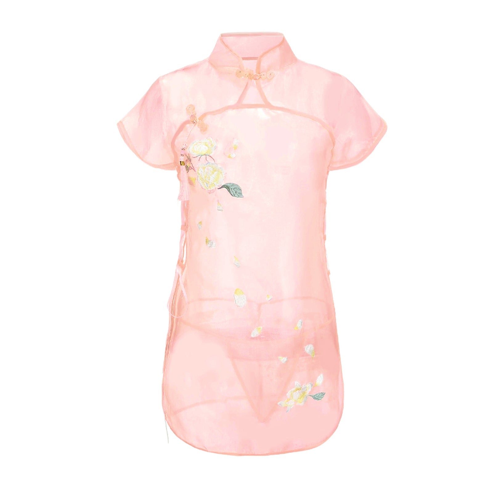 Blesssafe Sexy Floral Embroidery Lingerie Dress Sheer Mesh Side Slit Chinese Dresses Blesssafe