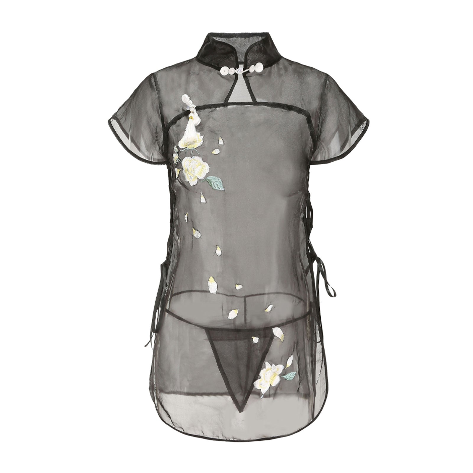 Blesssafe Sexy Floral Embroidery Lingerie Dress Sheer Mesh Side Slit Chinese Dresses Blesssafe