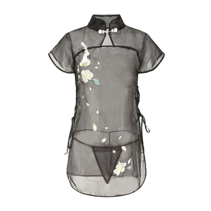 Blesssafe Sexy Floral Embroidery Lingerie Dress Sheer Mesh Side Slit Chinese Dresses Blesssafe