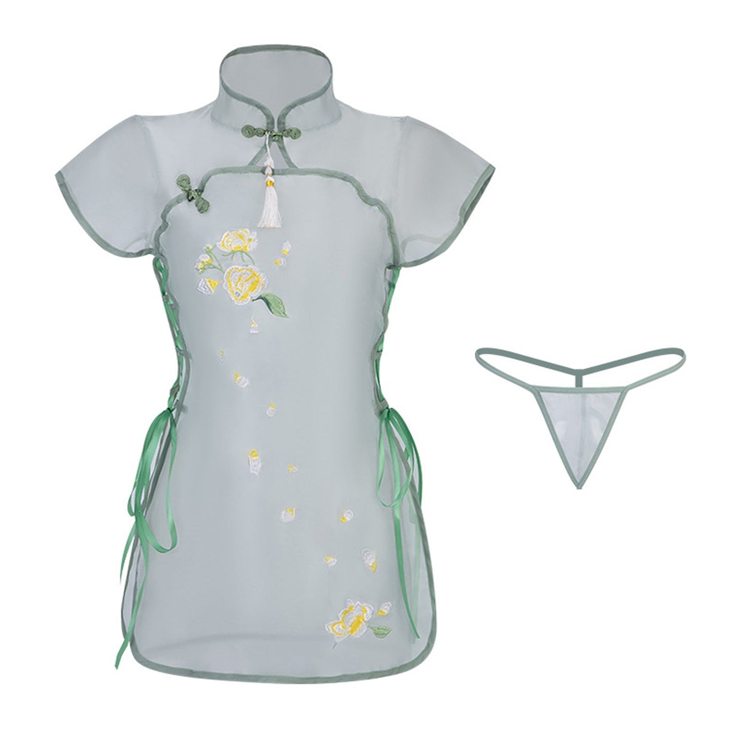 Blesssafe Sexy Floral Embroidery Lingerie Dress Sheer Mesh Side Slit Chinese Dresses Blesssafe