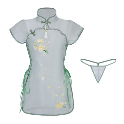 Blesssafe Sexy Floral Embroidery Lingerie Dress Sheer Mesh Side Slit Chinese Dresses Blesssafe