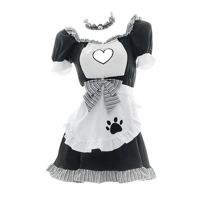Cat Paw Print French Maid Ruffle Trim Cosplay Dress Costume Blesssafe