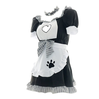 Cat Paw Print French Maid Ruffle Trim Cosplay Dress Costume Blesssafe