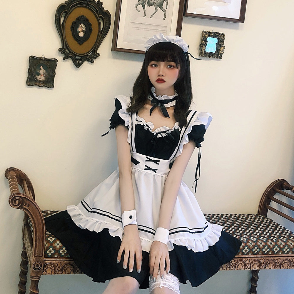 Cute Lolita French Maid Cosplay Outfit Fancy Dress with Apron Blesssafe