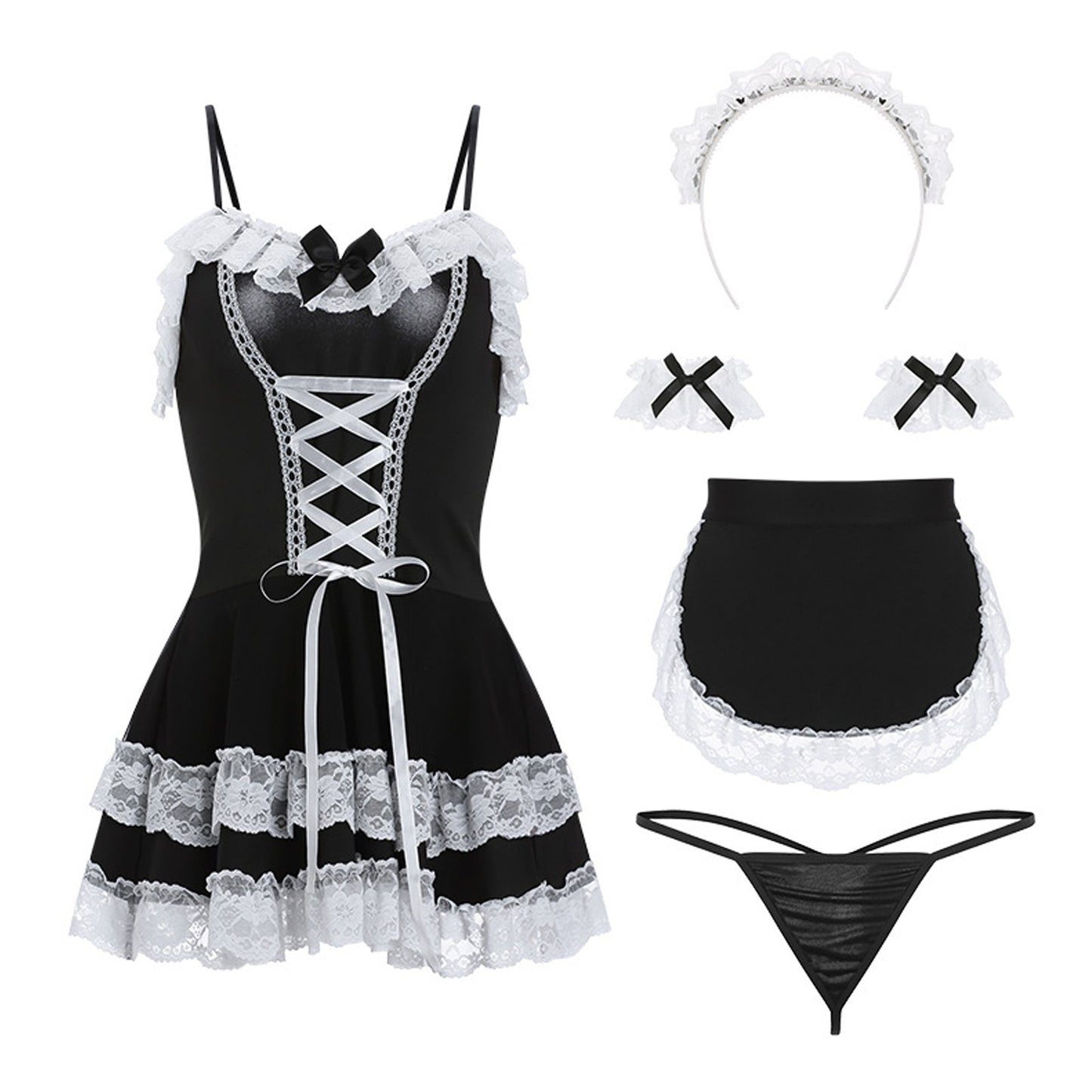 Black Lace Trim French Maid Cosplay Lingerie Dress Set Blesssafe
