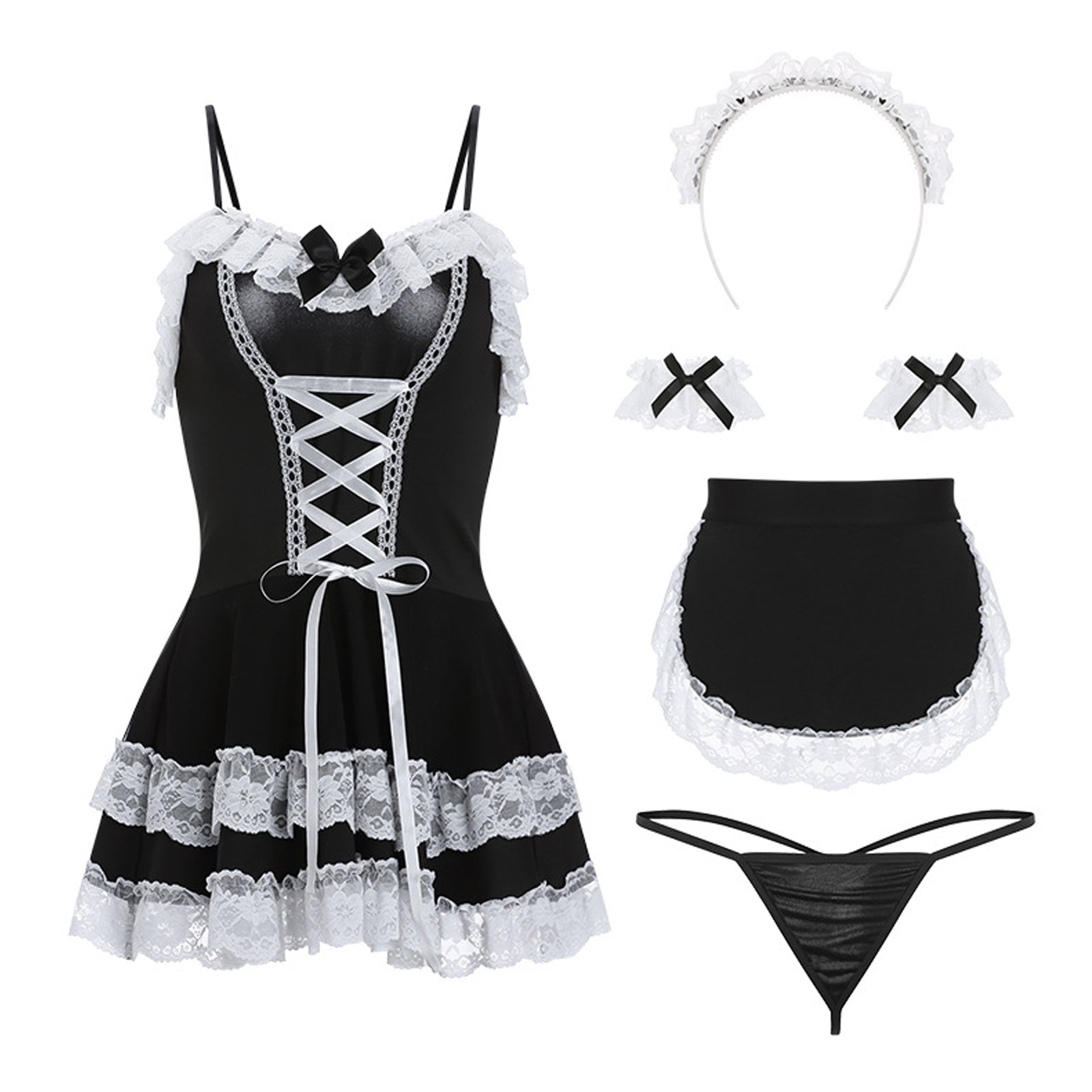 Black Lace Trim French Maid Cosplay Lingerie Dress Set Blesssafe