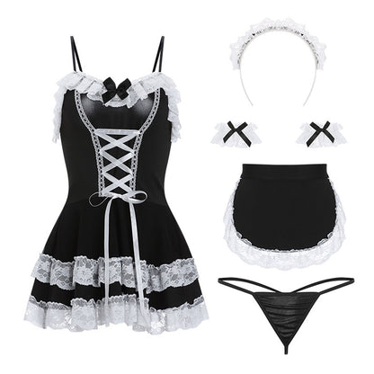 Black Lace Trim French Maid Cosplay Lingerie Dress Set Blesssafe