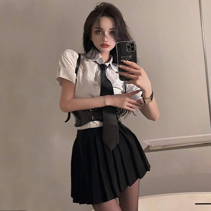 Classic White Shirt with  Skirt and Waist Cincher Lingerie Set Blesssafe