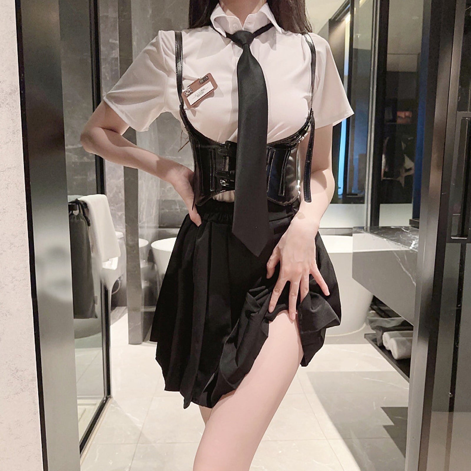 Classic White Shirt with  Skirt and Waist Cincher Lingerie Set Blesssafe