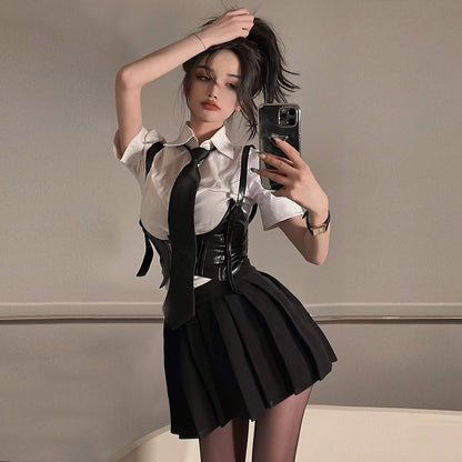 Classic White Shirt with  Skirt and Waist Cincher Lingerie Set Blesssafe