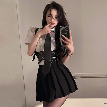 Classic White Shirt with  Skirt and Waist Cincher Lingerie Set Blesssafe