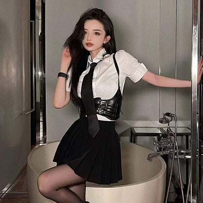 Classic White Shirt with  Skirt and Waist Cincher Lingerie Set Blesssafe