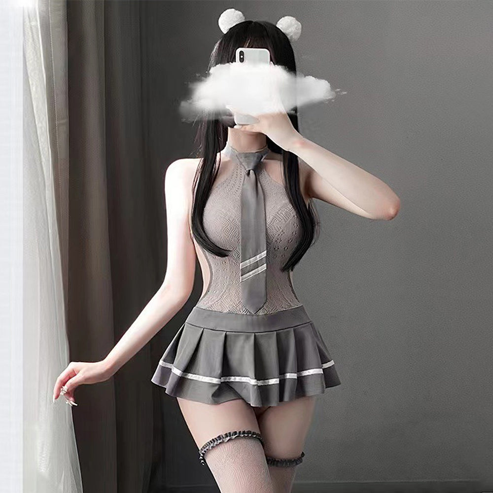 Grey Lace Cosplay Lingerie Dress - Sheer Transparent Uniform Blesssafe