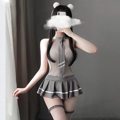 Grey Lace Cosplay Lingerie Dress - Sheer Transparent Uniform Blesssafe
