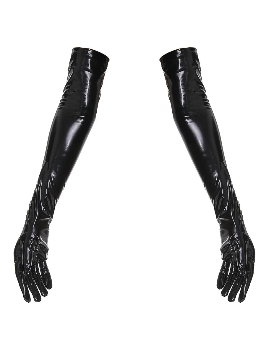Faux Leather Lingerie Wet Look Long Gloves