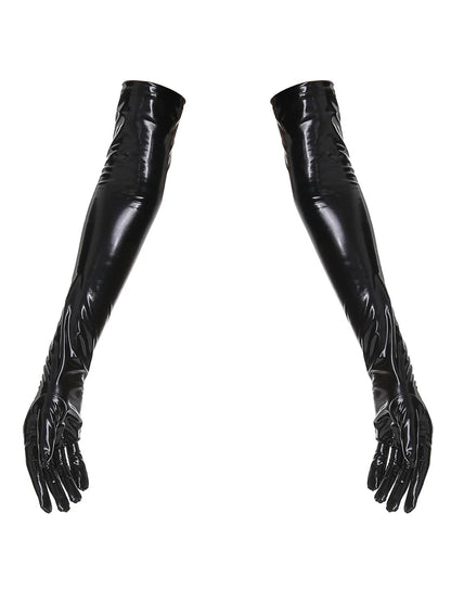 Faux Leather Lingerie Wet Look Long Gloves