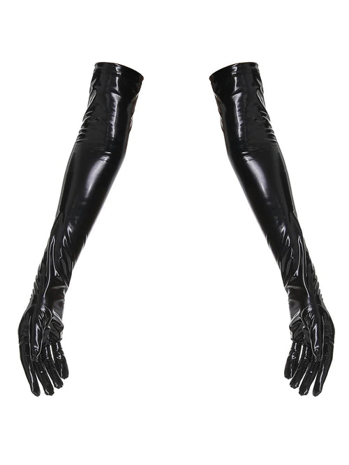 Faux Leather Lingerie Wet Look Long Gloves