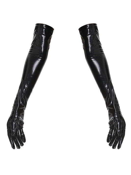 Faux Leather Lingerie Wet Look Long Gloves