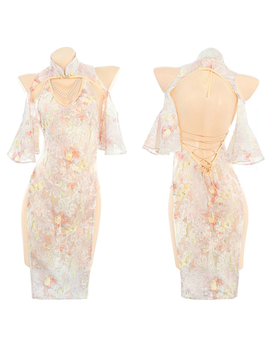 Bloom Lace Hollow Out Cheongsam - Revealing Anime Cutout Teddy Blesssafe