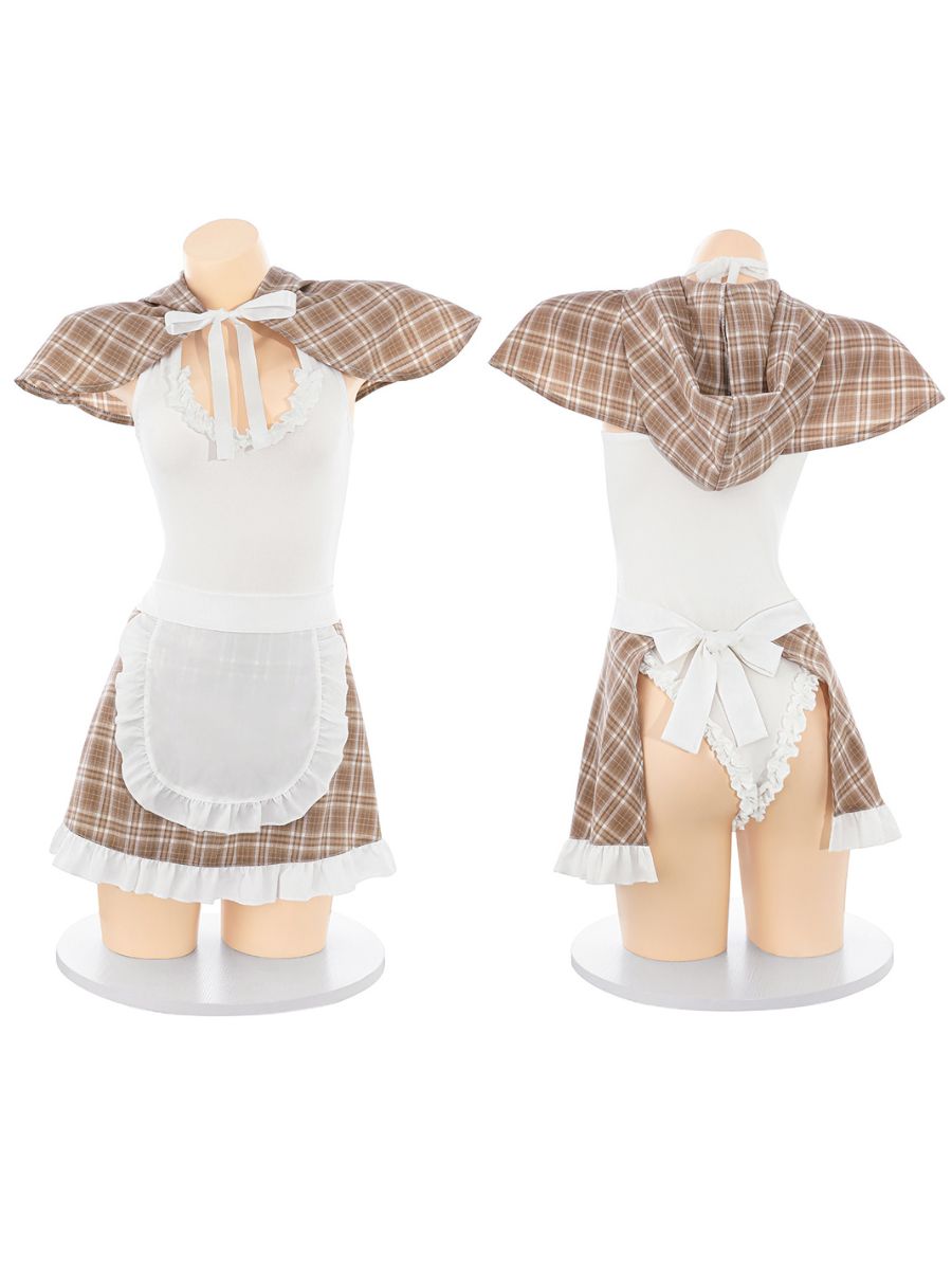Sweet Brown Plaid Maid Cosplay Lingerie Set Blesssafe
