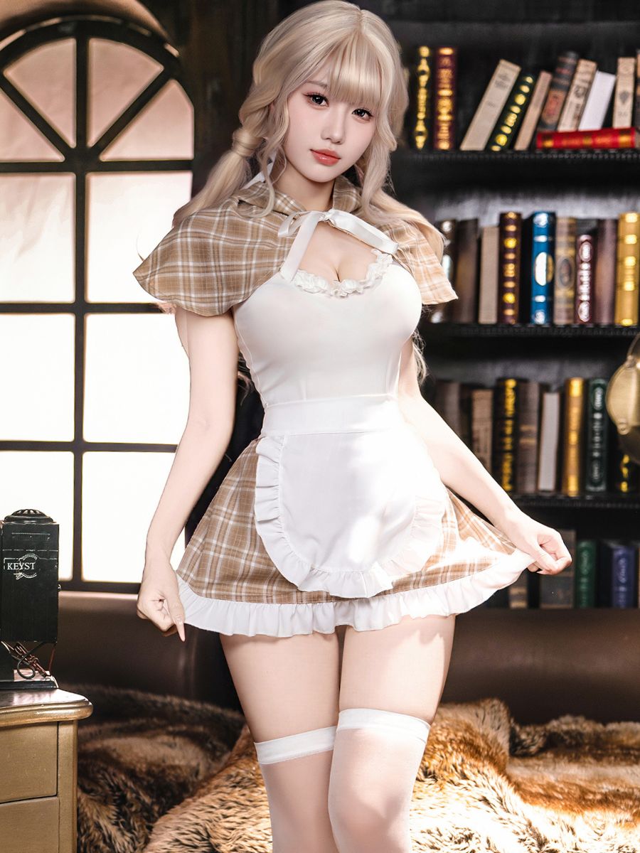 Sweet Brown Plaid Maid Cosplay Lingerie Set Blesssafe