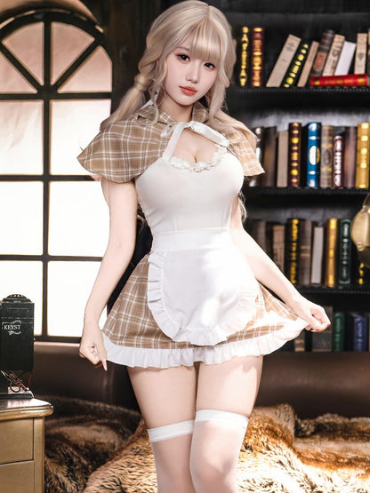 Sweet Brown Plaid Maid Cosplay Lingerie Set Blesssafe