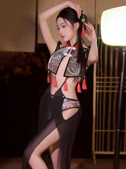 Chinese Style Mesh Teddy with Skirt - Two Piece Transparent Costume Blesssafe