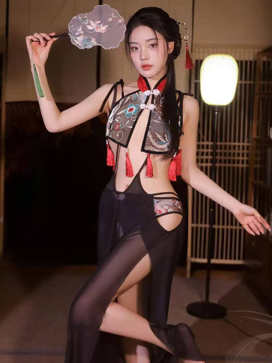 Chinese Style Mesh Teddy with Skirt - Two Piece Transparent Costume Blesssafe