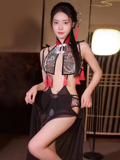 Chinese Style Mesh Teddy with Skirt - Two Piece Transparent Costume Blesssafe
