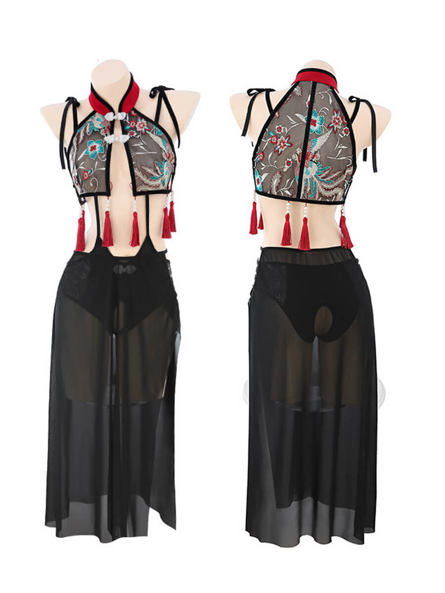 Chinese Style Mesh Teddy with Skirt - Two Piece Transparent Costume Blesssafe